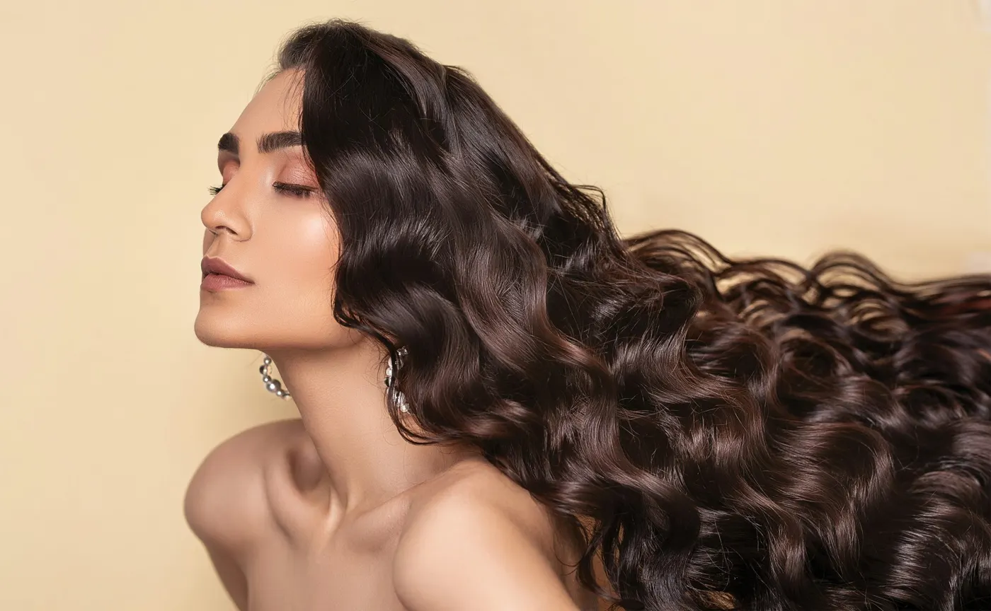 Mulher de cabelo comprido encaracolado e brilhante